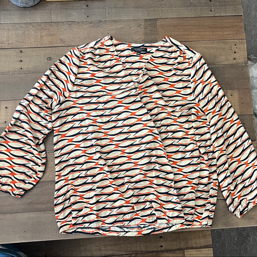 NWOT Women’s size L - Liverpool Orange and Navy Patterned long sleeve top